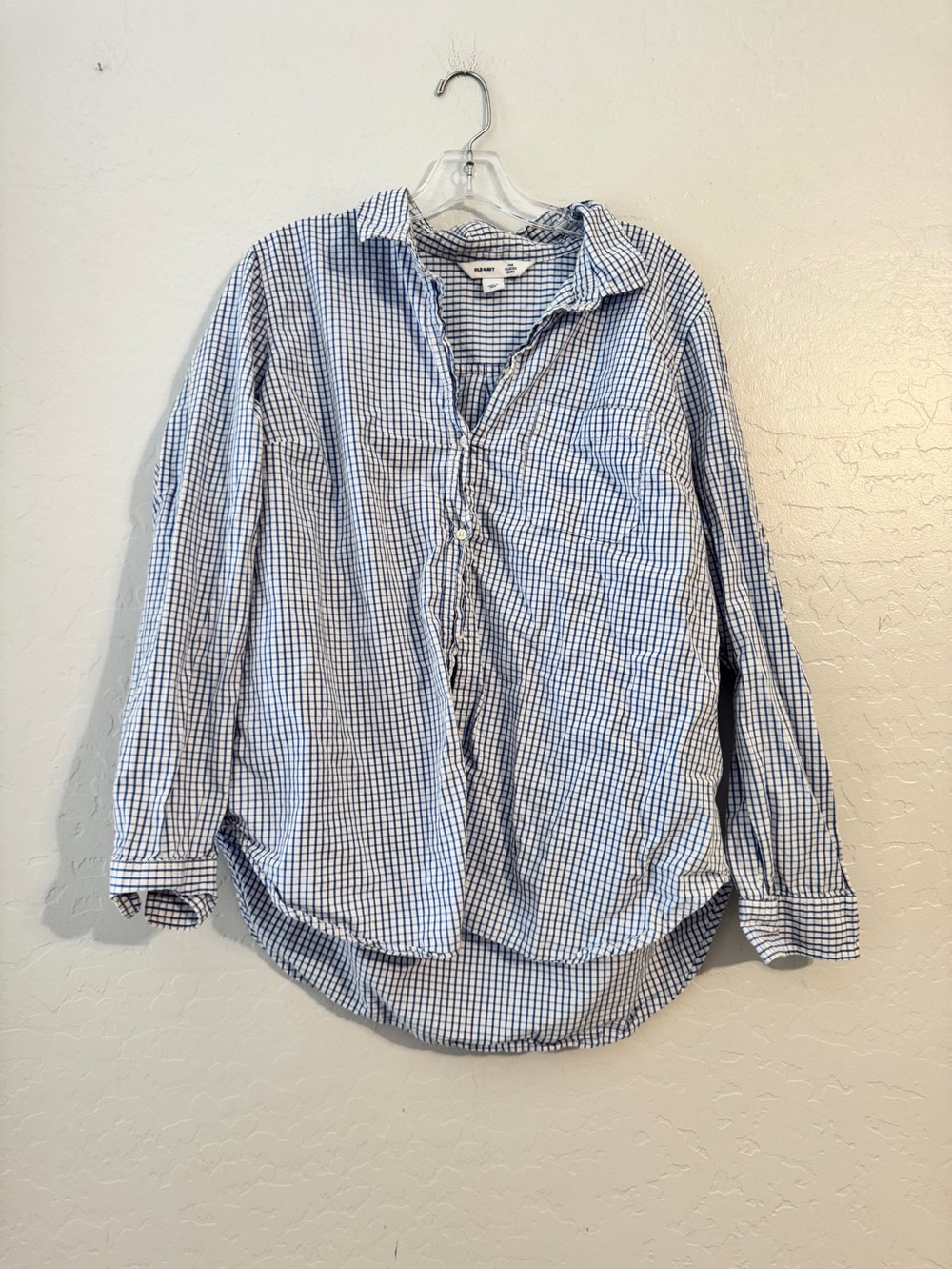 👕Old Navy Cotton Woven Blue/White Check Button-Up Point Collar LS Pockets XL